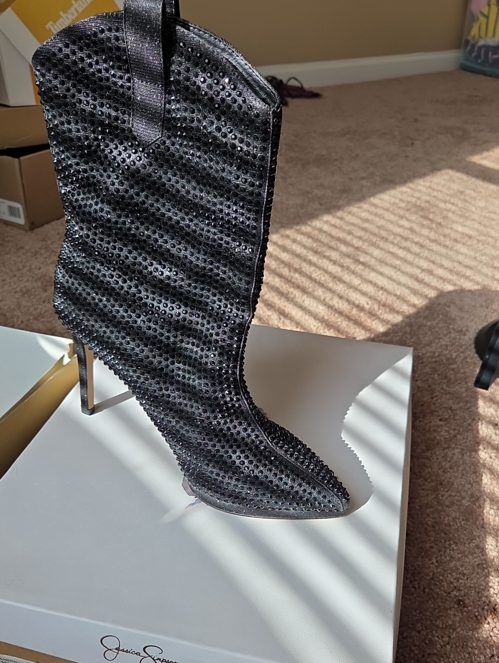 Jessica Simpson Black Rhinestone Pointed-Toe Stiletto Boot